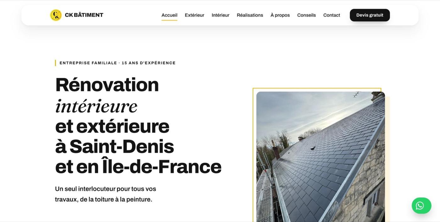 Nouvelle page d'accueil de CK Bâtiment, ancrée sur Saint-Denis avec une photo de chantier réelle