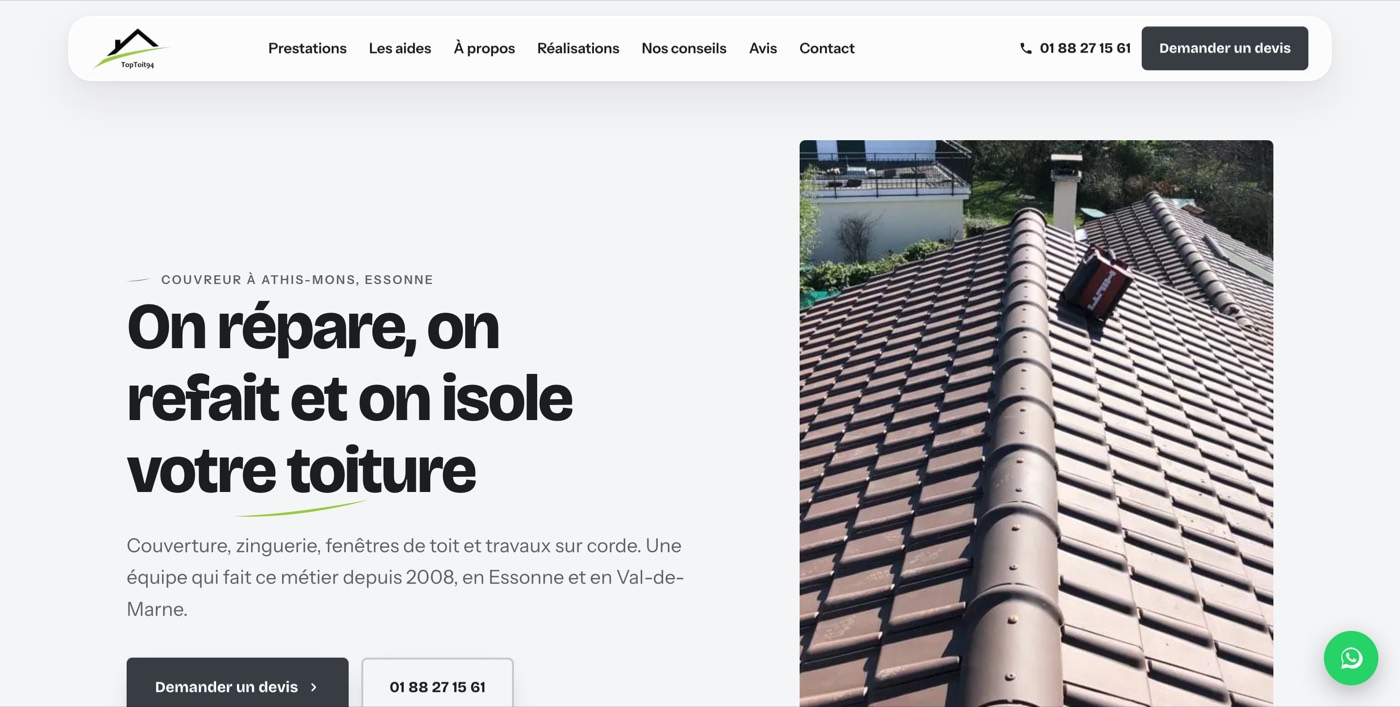 Nouvelle page d'accueil de Top Toit 94 : titre clair, photo de chantier réelle, ville et département annoncés